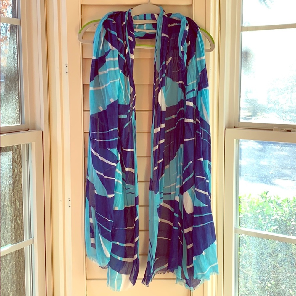 Blue, Turqouise, and White Patterned Scarf.
